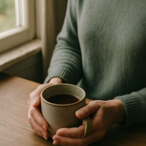 Woman holding a cup of coffee next to a window.