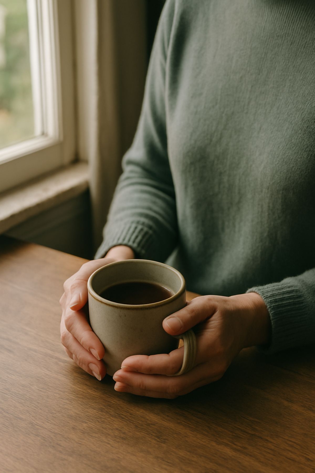 Woman holding a cup of coffee next to a window.