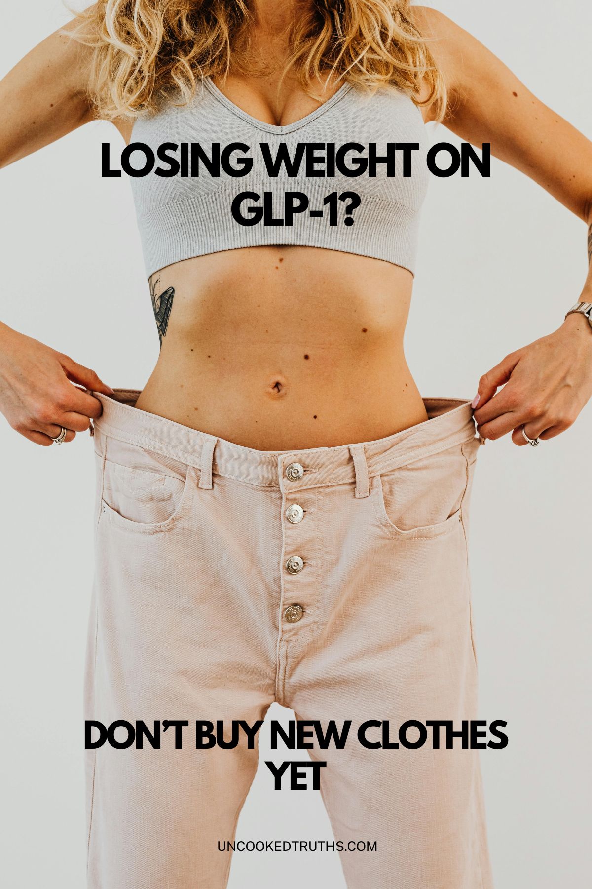 Pinterest image of Weight loss progress shown by woman wearing oversized pants after GLP-1 medication like Mounjaro or Ozempic.
