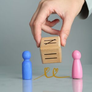 Hand placing a wooden equality block between blue and pink wooden figures, symbolizing gender balance and dismantling patriarchy.