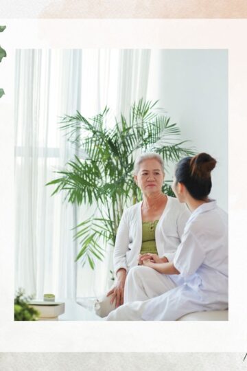 Image Collage of two women, patient and doctor having a conversation.