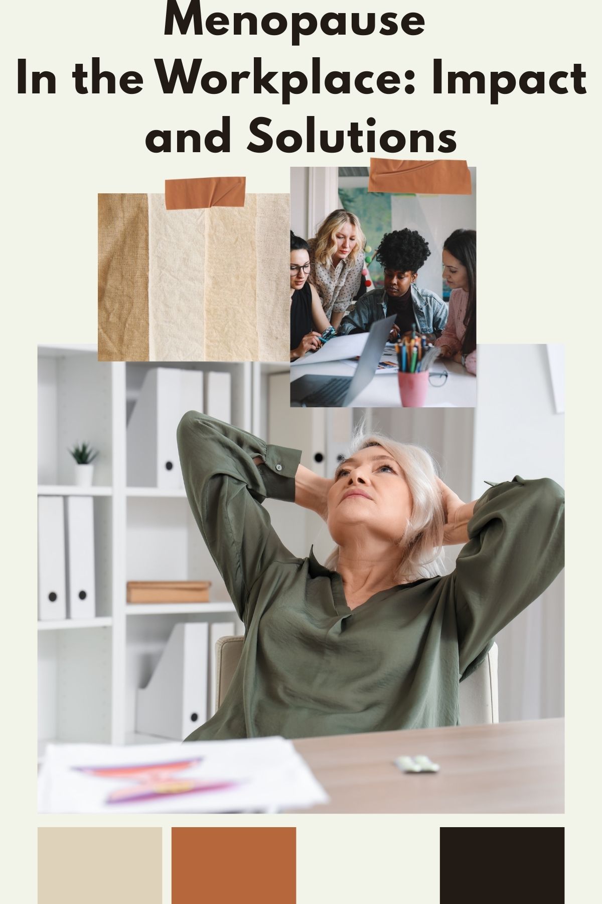 Pinterest collage showing a mature woman rather office desk.