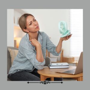 Woman sitting at a desk with laptop, holding a fan.
