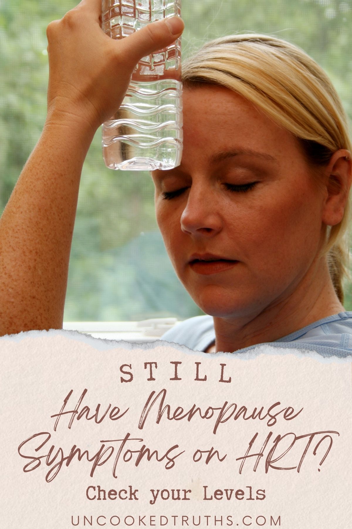 Woman holding a cold bottle of water against her forehead. Pinterest collage.