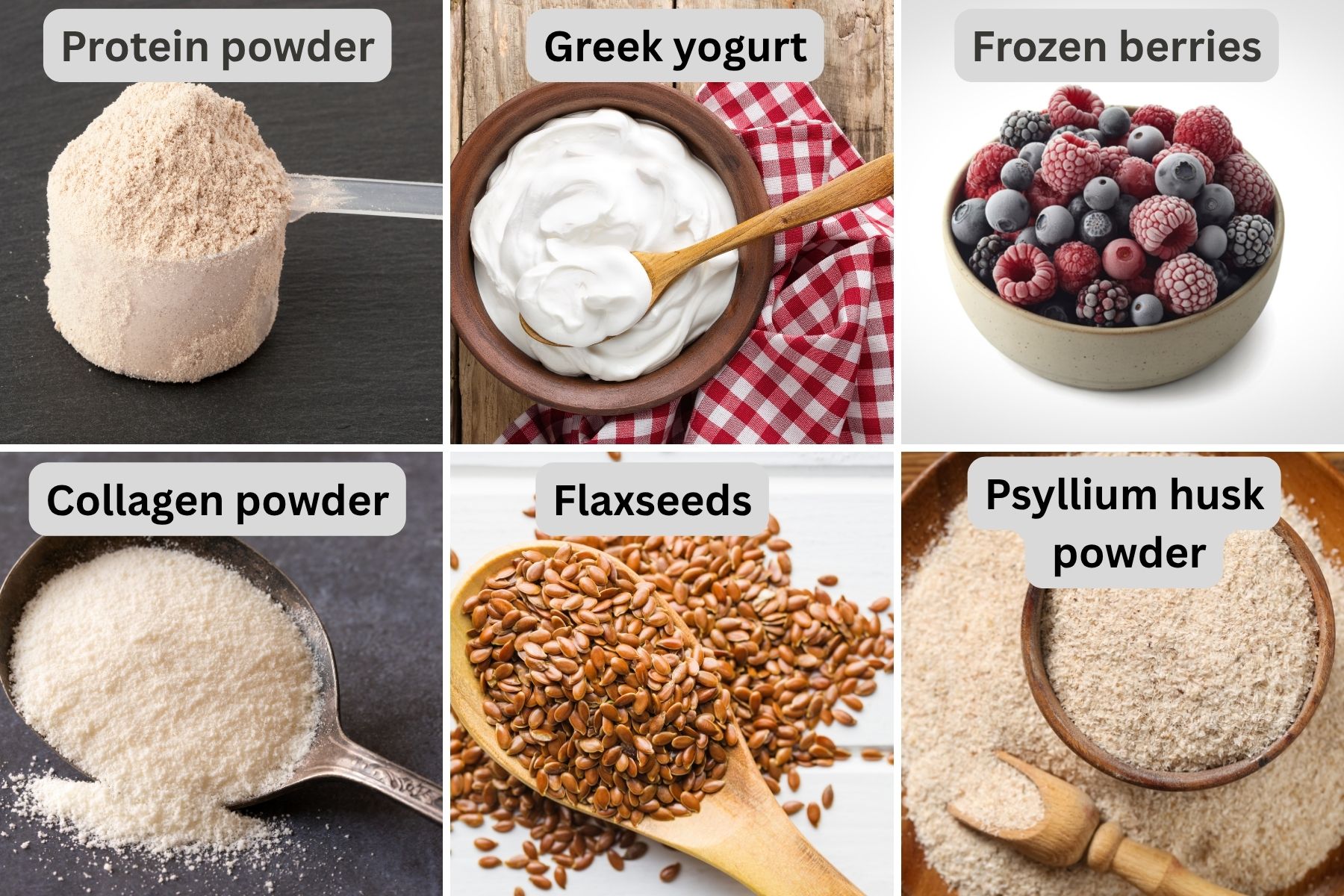 Collage of ingredients for the protein shake.