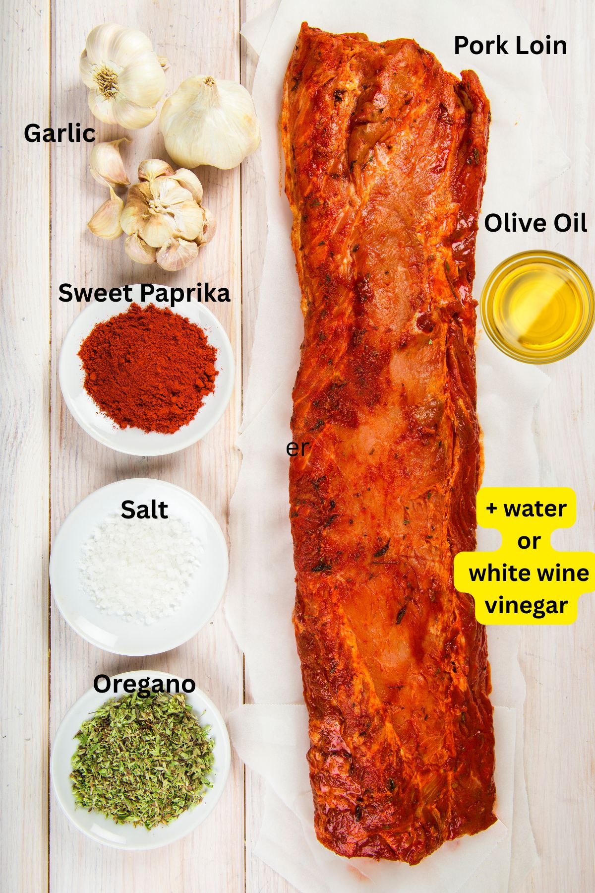 Collage of pork loin and ingredients for marinating: garlic, parika, salt, oregano, olive oil, vinegar.