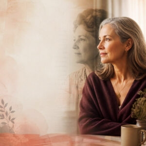 An image with a warm, contemplative magazine feel and a symbolic mother-daughter perspective on menopause and long-term health.