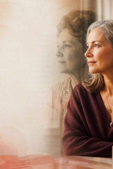 An image with a warm, contemplative magazine feel and a symbolic mother-daughter perspective on menopause and long-term health.